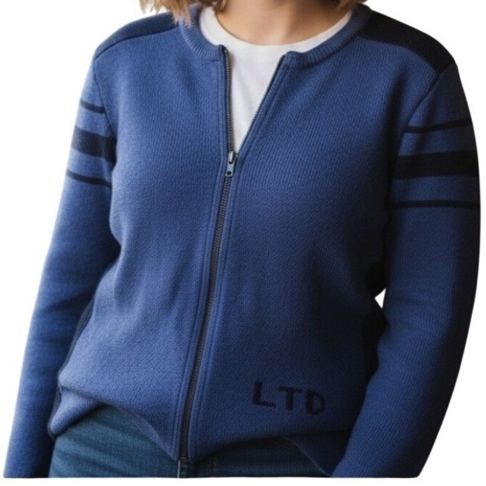 Limited America Vintage 100% Merino Wool Full Zip Sweater Cardigan Cozy Blue L